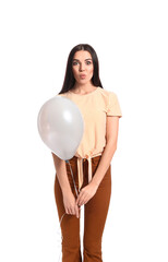 Wall Mural - Funny young woman with balloon on white background