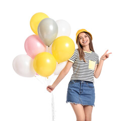 Poster - Beautiful young woman with balloons showing victory gesture on white background