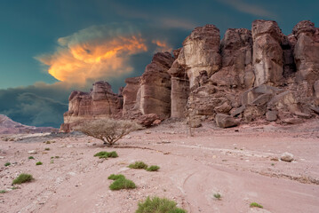 Unique stone formation - pillars of the Solomon King in Timna geological park that is located 25 km north of Eilat, Israel 