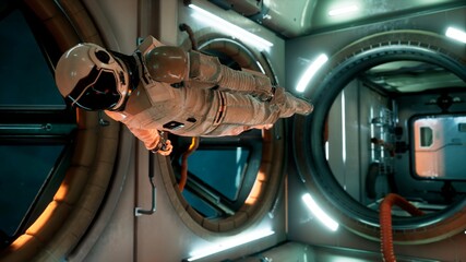 Canvas Print - an astronaut in zero gravity checks the module of his spaceship. 3d rendering.