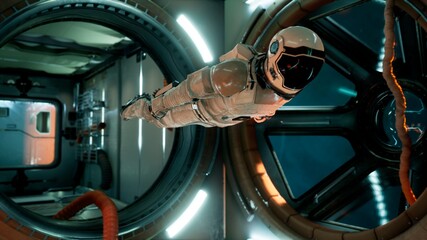 Canvas Print - an astronaut in zero gravity checks the module of his spaceship. 3d rendering.