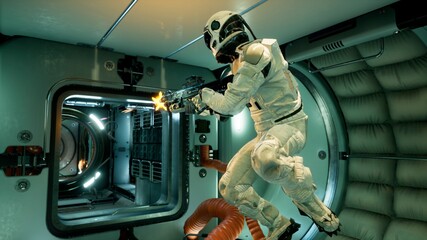 Canvas Print - space drama on a spaceship after the conflict of astronauts. 3d rendering.