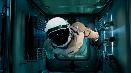 Canvas Print - an astronaut in zero gravity checks the module of his spaceship. 3d rendering.