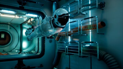 Canvas Print - the astronaut flies in zero gravity modulo his spacecraft. 3d rendering.