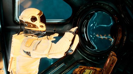 Canvas Print - an astronaut in a spaceship is watching through a porthole for an alien, unexplored planet. 3d rende