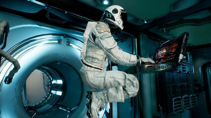 Canvas Print - an astronaut in a spaceship is watching through a porthole for an alien, unexplored planet. 3d rende