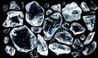 Set of different crushed ice pieces, isolated on black background.