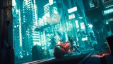 Police robots are slowly approaching the cyber girl standing next to her futuristic motorcycle. View of an future fiction city. 3D Rendering.