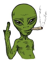 Green Alien Smoking Weed Joint And Showing A Finger. Funny Space Character Illustration.