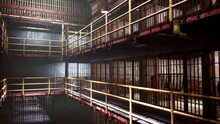 A Dirty Deserted Prison With Closed Cells. View Of The Old Empty Prison. 3D Rendering.