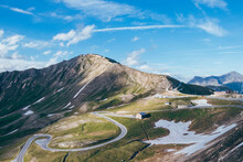 Picturesque view of the very visited Austrian road Grossglockner Hochalpenstrasse and the highest point of this road Edelweißspitze (2,504m). Fuscher Törl and Hochtor Pass.