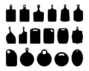 Set of cutting board silhouettes. Kitchen board contour. Boards for serving dishes, board for bread. Shapes for laser cutting, vector