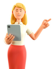 3D illustration of beautiful blonde woman holding tablet and pointing finger at direction. Cute cartoon smiling attractive businesswoman using social networking and office application.