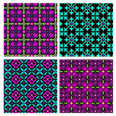 Poster - neon blue pink purple ornate seamless tile patterns on black backgrounds