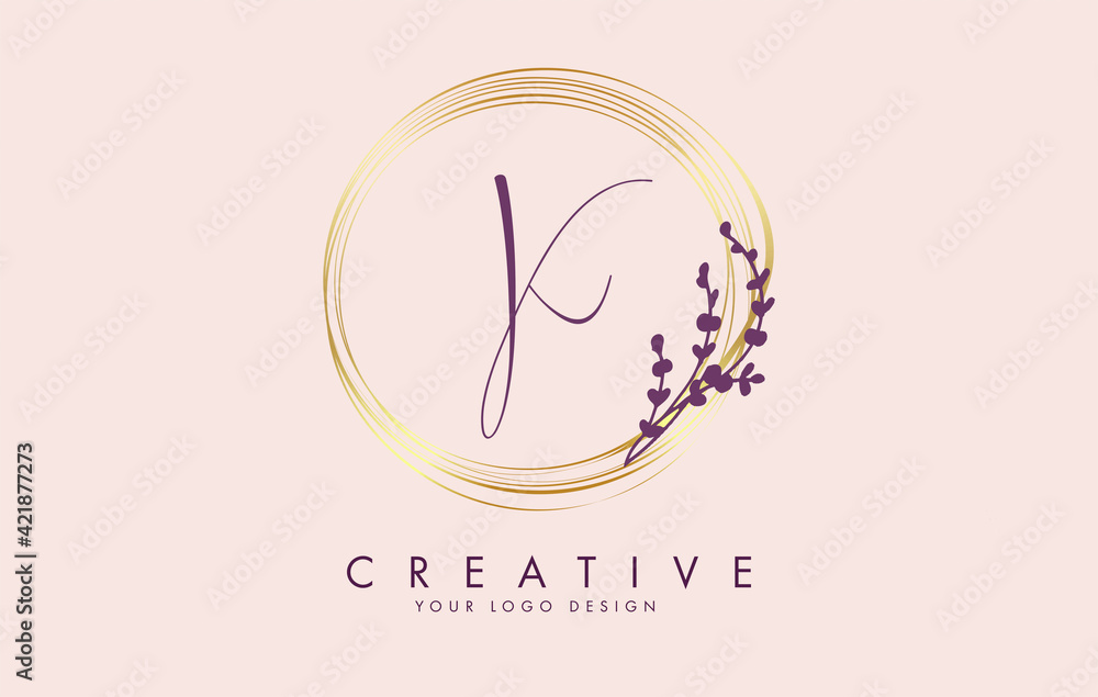 Handwritten K Letter logo design with golden circles and purple leaves ...