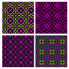 Wall Mural - neon pink green ornate seamless tile patterns on black backgrounds