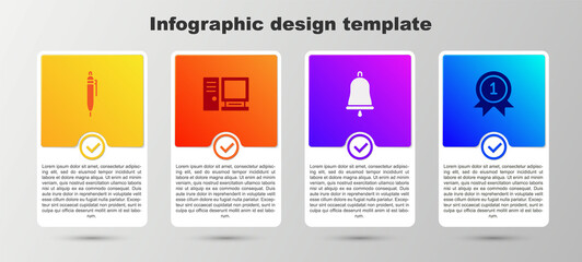 Sticker - Set Pen, Computer monitor, Ringing bell and Medal. Business infographic template. Vector