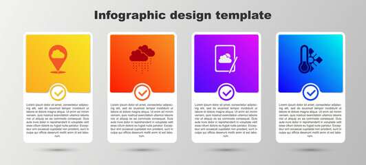 Sticker - Set Location cloud, Cloud with rain, Weather forecast and Meteorology thermometer. Business infographic template. Vector