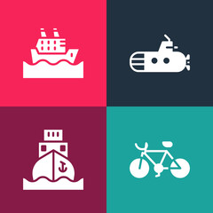 Sticker - Set pop art Bicycle, Cargo ship, Submarine and Cruise icon. Vector