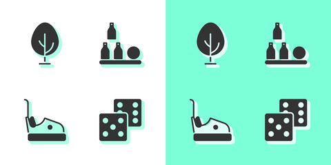 Wall Mural - Set Game dice, Tree, Bumper car and Bottles ball icon. Vector