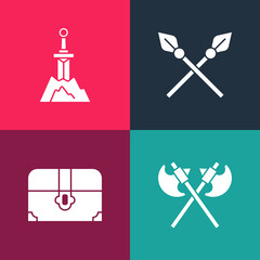 Poster - Set pop art Crossed medieval axes, Antique treasure chest, spears and Sword in the stone icon. Vector