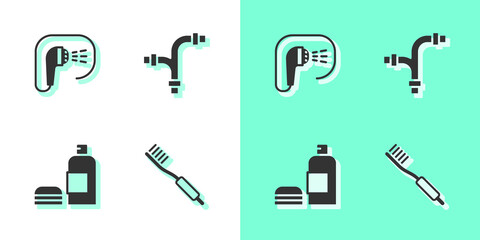 Sticker - Set Toothbrush, Shower, Bottle of shampoo and Industry metallic pipe icon. Vector