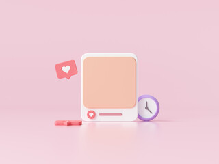 Social Media with photo frame on pink background for webpage banner. 3D render illustration