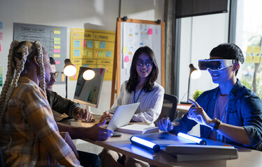 Team of developers working with virtual reality glasses during business meetings.