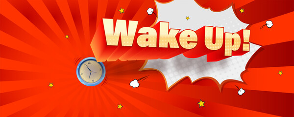 Wake up. Comic volumetric text on retro pop-art background. Vector bright dynamic cartoon 3d illustration on halftone background