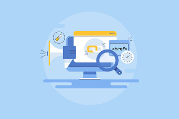 Seo agency working on link building project for online business branding, search engine optimization, web traffic growth and seo ranking, web banner with line art concept.