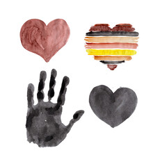 Abstract Composition With Hand And Hearts  In Brown Black Colors. Black Lives Matter. Stop Racism. BLM Campaign Against Black Racial Discrimination.