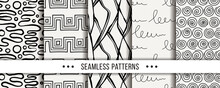 Cute Collection Of Doodle Hipster Seamless Patterns. Ornament Set For Your Design, Wallpaper, Background, Fabric Textile