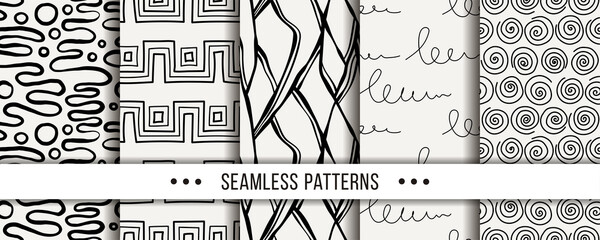 Cute collection of doodle hipster seamless patterns. Ornament set for your design, wallpaper, background, fabric textile