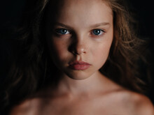 Cute Little Girl Naked Shoulders Dark Background Beautiful Face Close-up