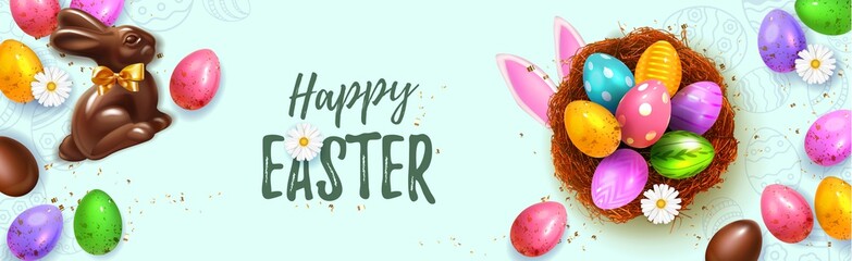 Festive Happy Easter Blue horizontal web banner. Realistic 3d Spring holiday. Easter colored eggs in nest with rabbit ears and chocolate bunny. Promotion sale and shopping template for Easter.