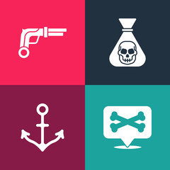 Sticker - Set pop art Location pirate, Anchor, Pirate coin and Vintage pistols icon. Vector