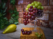 Digital Painting Of A Still Life Red And Green Grapes In A Tall Glass.