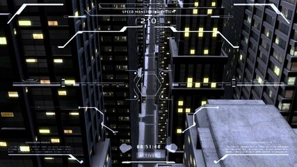 Leinwandbilder - HUD Target Monitor Fly Trough Big Building City Night Time Vision. Abstract Skyscraper Digital Tracking Location 4K Animation.