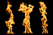 Set of flame columns. Isolated on black. Flames of fire. Bright orange column of fire.