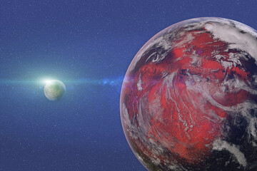 Wall Mural - red fiction maars planet with atmosphere and moon in outer space. 3d render illustration elements of