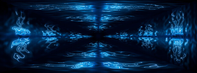 Canvas Print - water aqua tunnel. underwater corridor, blue neon waves, water streaks. blue neon dark abstraction. 