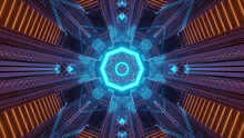 3D Rendering Of A Cool Heptagon Kaleidoscopic Futuristic Tunnel In Blue And Orange Vibrant Colors