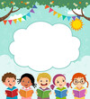 Template for advertising brochure with cartoon of happy children reading book.