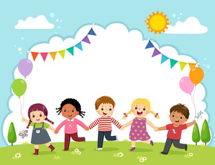 Wall Mural - Template for advertising brochure with cartoon of happy kids holding hands on the field.