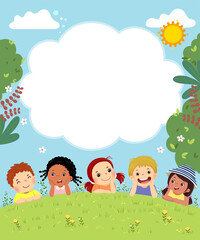 Template for advertising brochure with cartoon of happy kids laying on the grass.