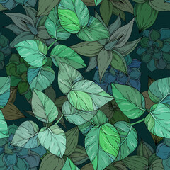 Wall Mural - Tropical jungle seamless pattern on dark green foliage background,
