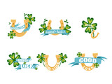 Fototapeta Dinusie - A set of vector illustrations with a four-leaf clover, a horseshoe and a ribbon and a wish of good luck. Good luck symbols with text. Vector illustration on a white isolated background.