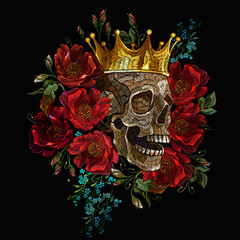 Wall Mural - Embroidery human skull, golden crown and red roses flowers. Dark gothic halloween art. Medieval kings, fairy tale. Fashion clothes template and t-shirt design