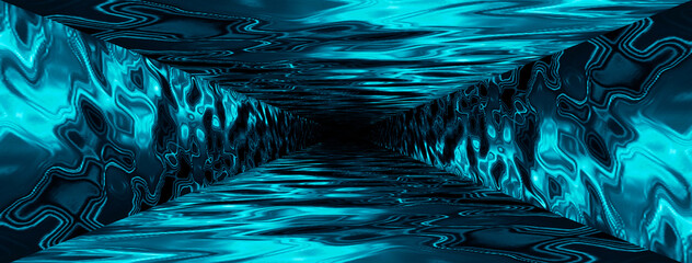 Canvas Print - water aqua tunnel. underwater corridor, blue neon waves, water streaks. blue neon dark abstraction. 