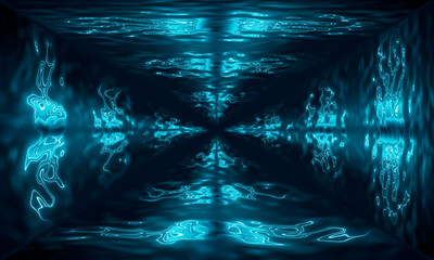 Canvas Print - water aqua tunnel. underwater corridor, blue neon waves, water streaks. blue neon dark abstraction. 
